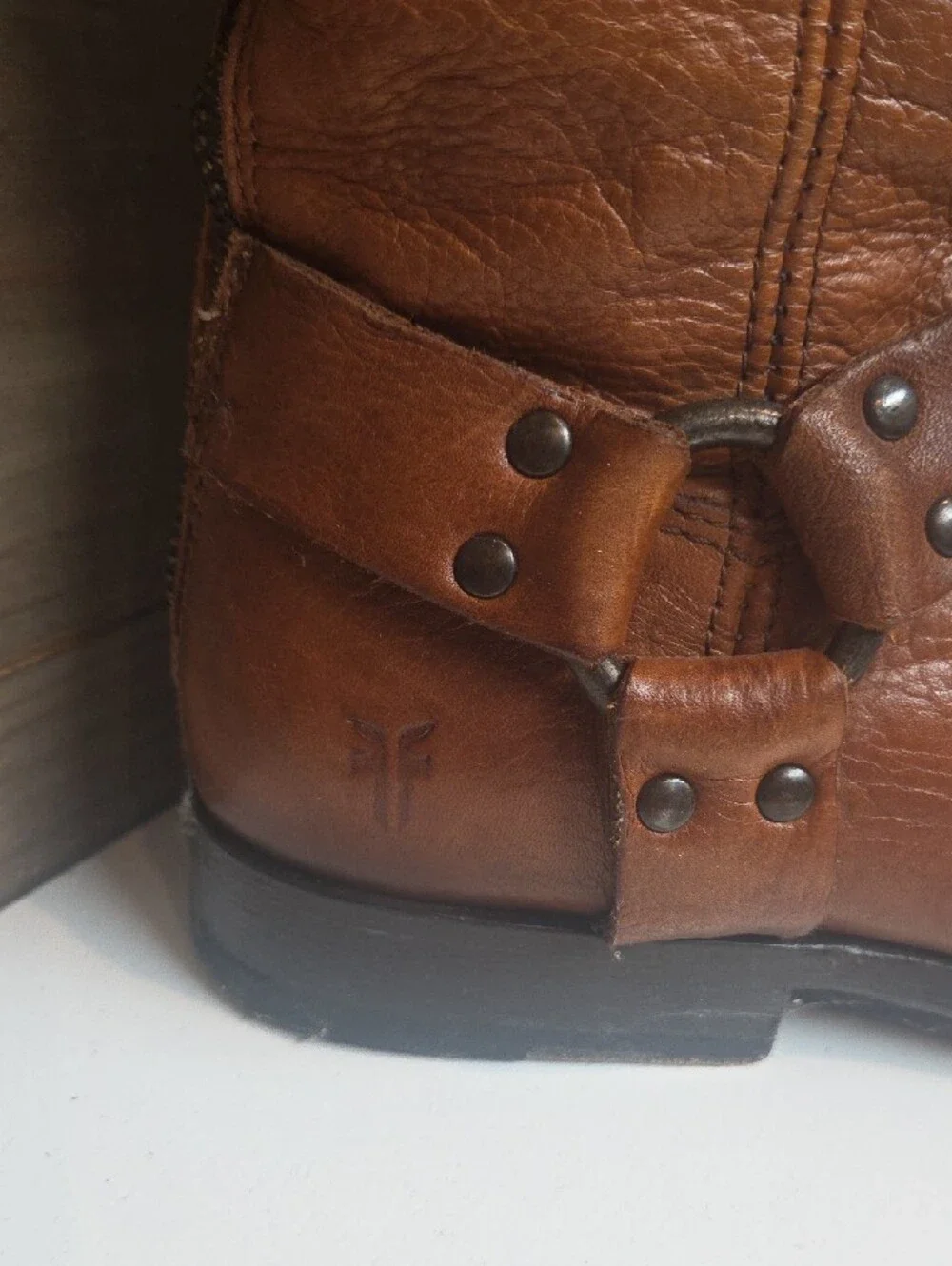 Frye Phillip Harness Tall Cognac Brown Leather Boots